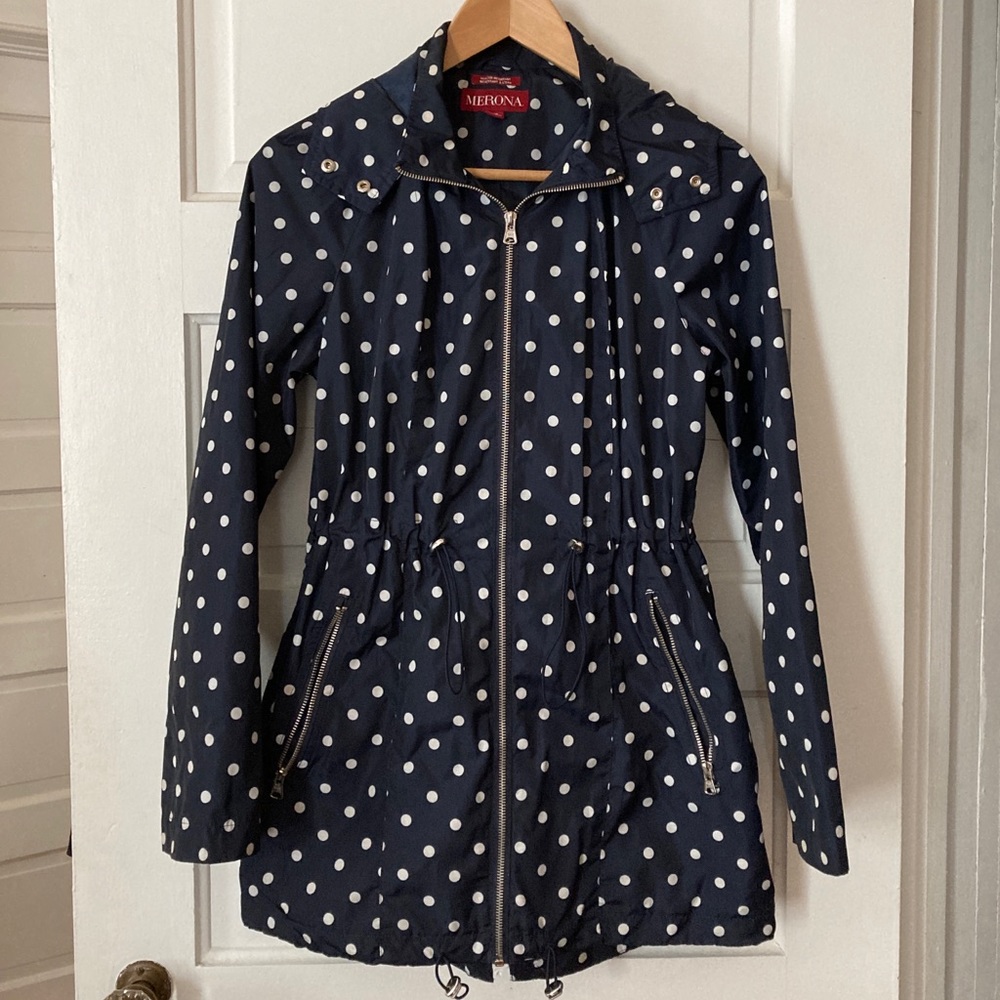Navy polka dot raincoat small